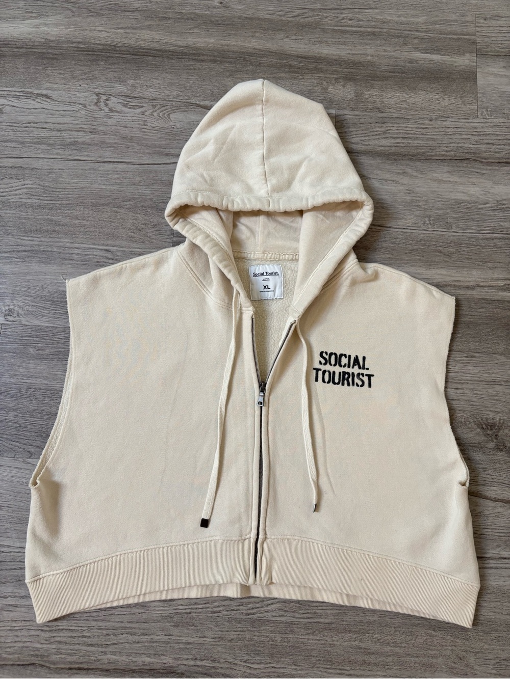Women's Cream Zip-Front Hooded Sleeveless Sweater